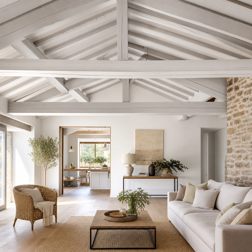 A bright living room featuring a white sofa, a wooden coffee table, a woven armchair, and exposed wooden beams, with a view into a dining area.