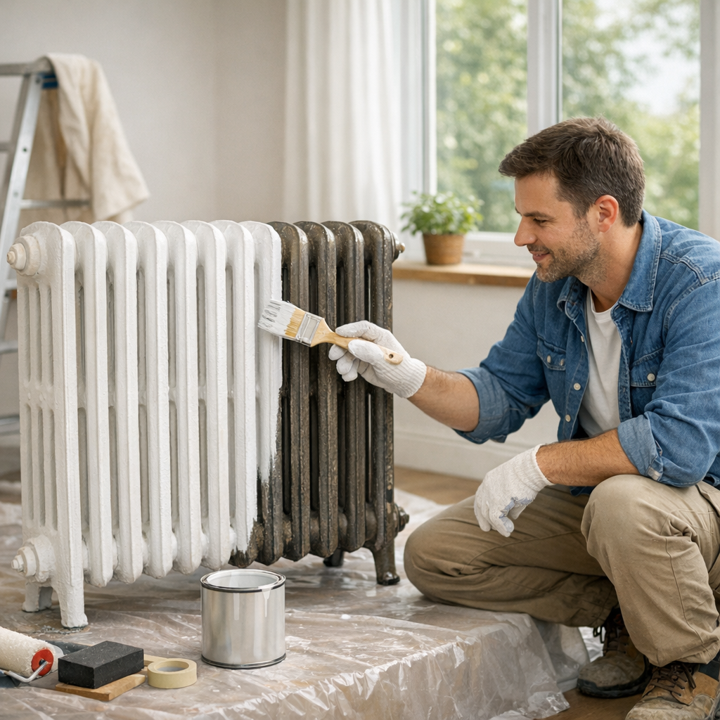 A man in a blue shirt is painting a white radiator while crouching on a plastic-covered floor.