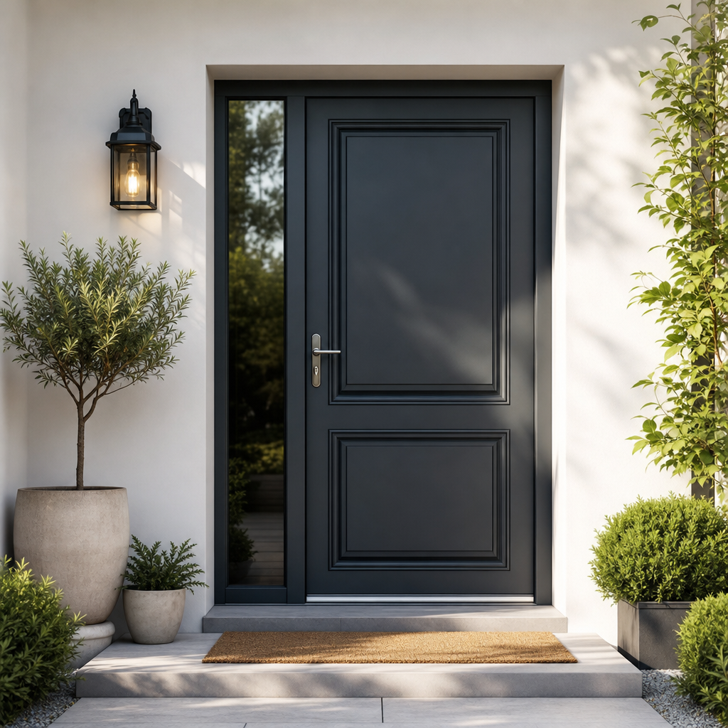 A modern, dark door with a glass panel, flanked by potted greenery and a lantern on a light-colored wall.