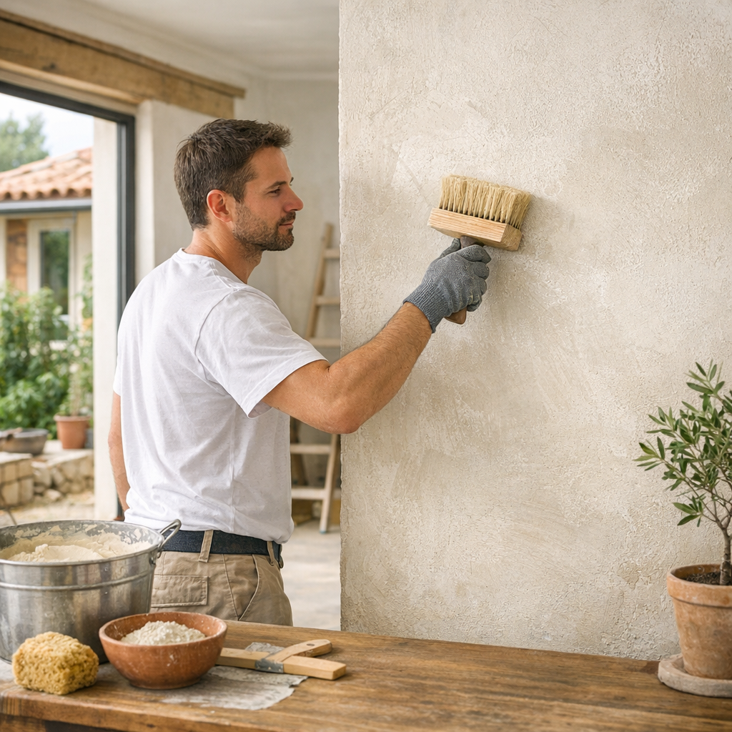 A man in a white t-shirt and gray gloves paints a textured wall with a brush in a bright, unfinished room.