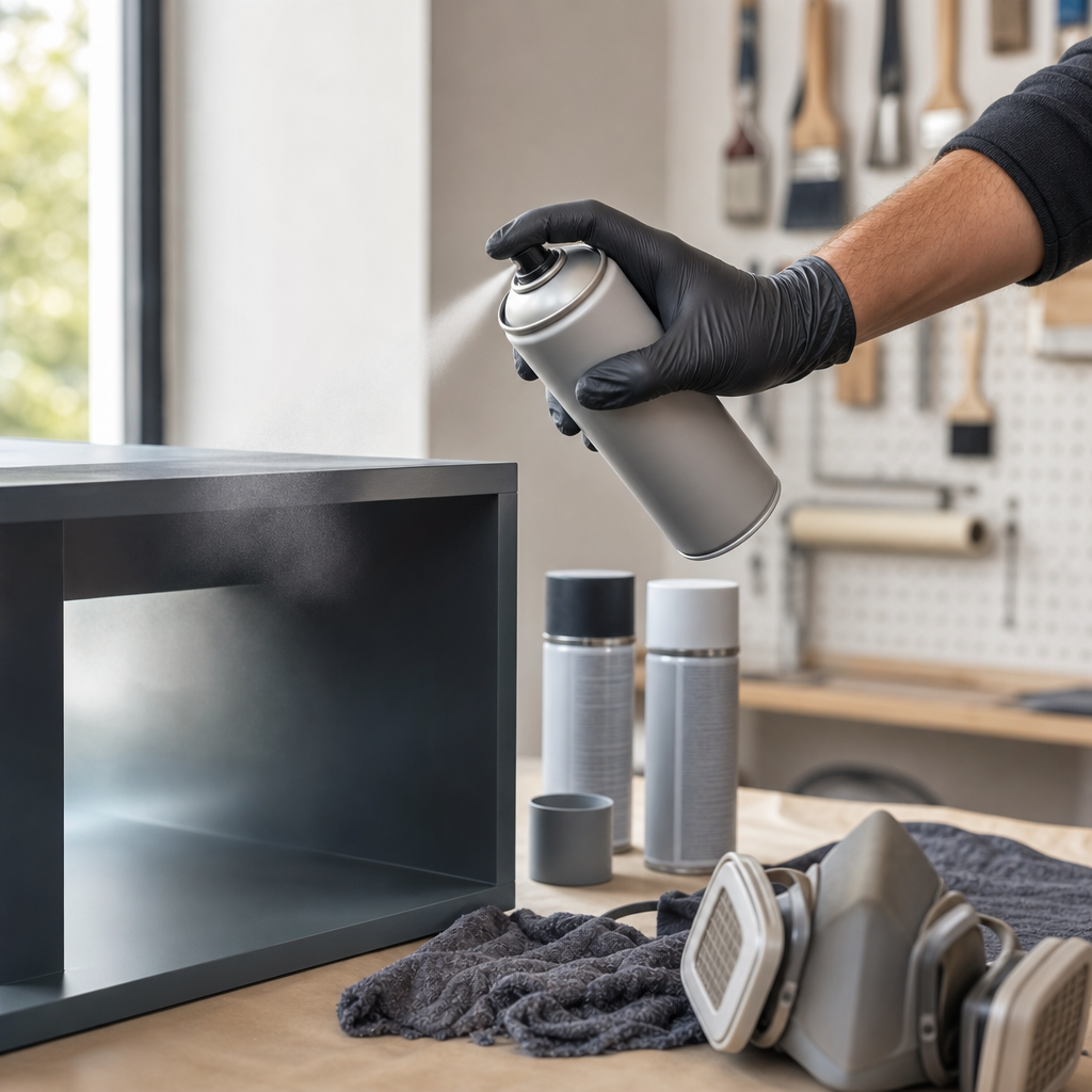 A hand in a black glove sprays paint from a silver can onto a gray storage unit in a workshop with various tools in the background.