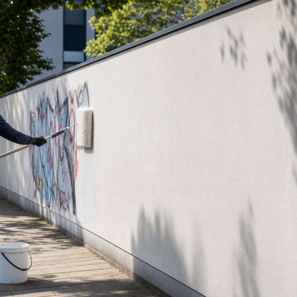 A person uses a roller to paint over graffiti on a wall in an outdoor setting.
