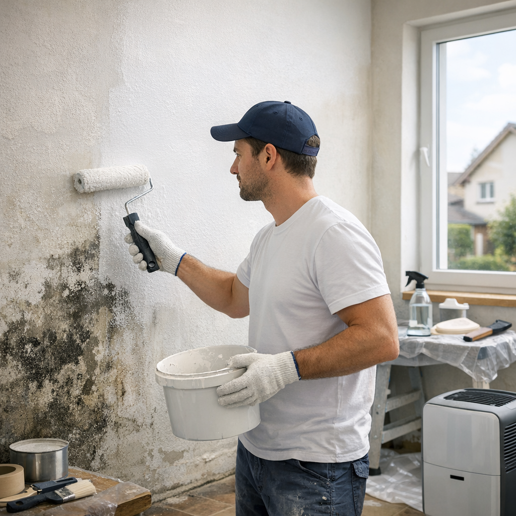 A man in a white shirt and gloves paints a wall with a roller, while holding a bucket of paint in his other hand, in a room with visible mold on the wall.