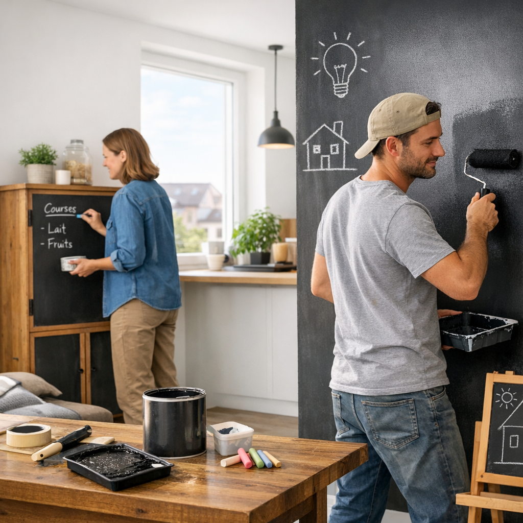 A man paints a chalkboard wall while a woman writes on a chalkboard in a modern kitchen.