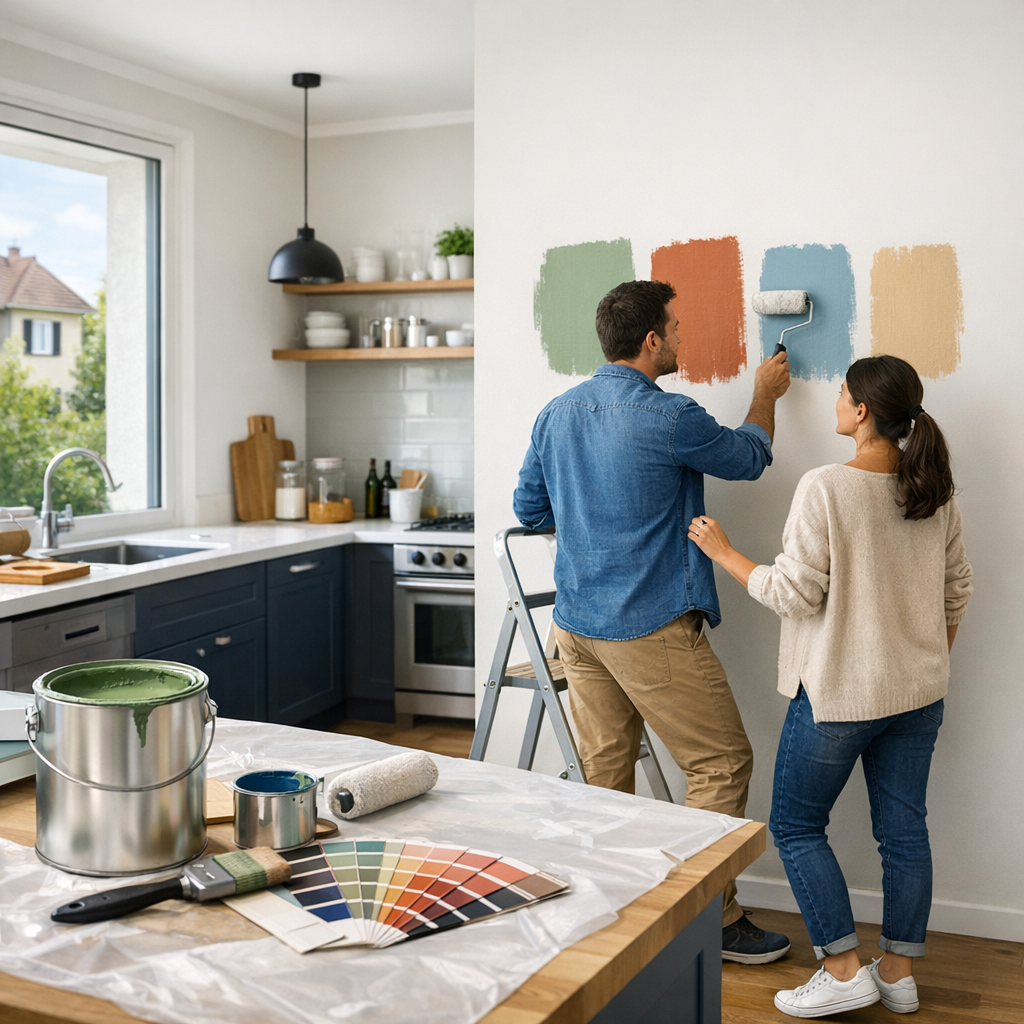 A couple is painting a wall in their kitchen, testing color swatches with a roller while tools and paint cans are placed on a counter nearby.