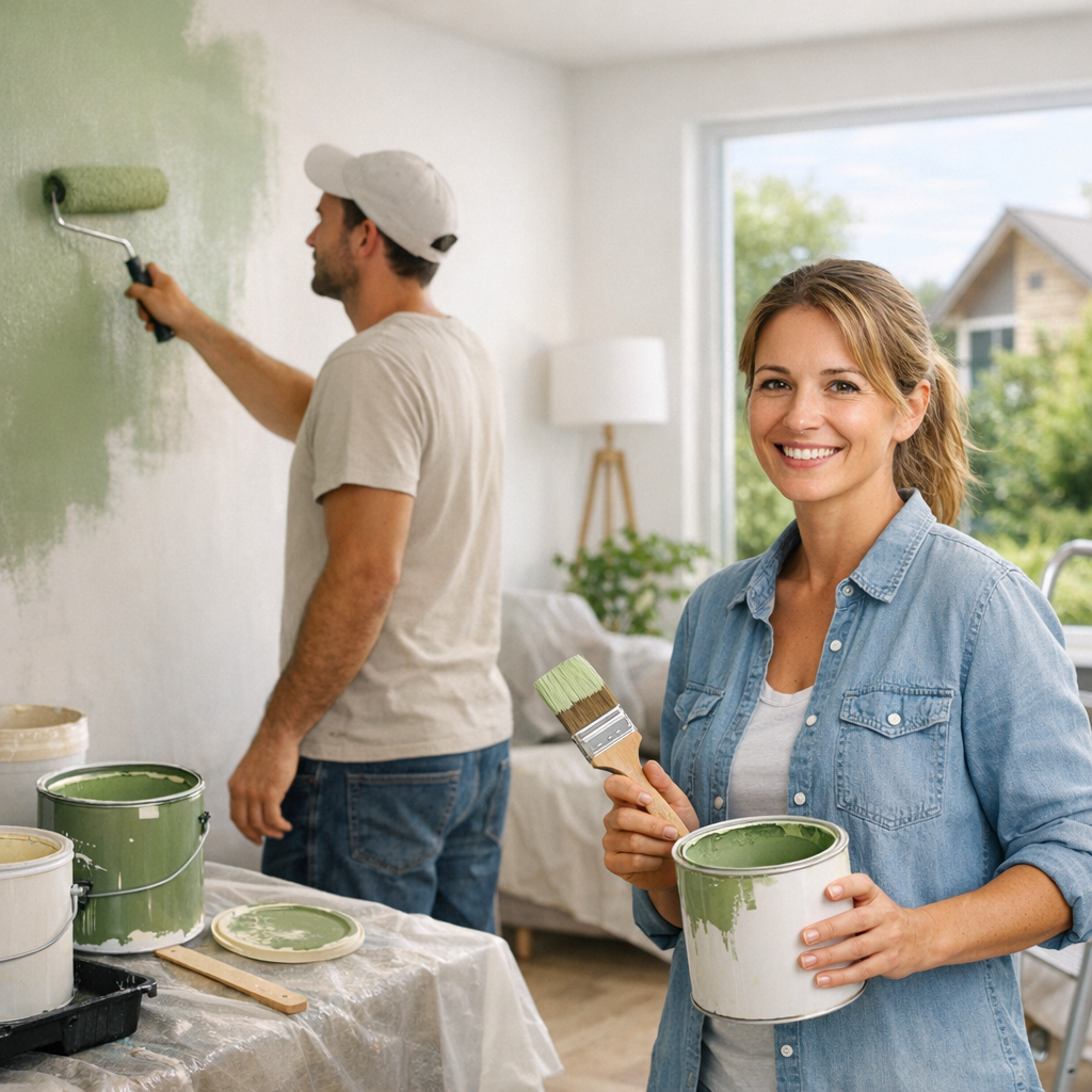 A woman holds a paint can and brush while a man paints a green wall behind her in a bright, modern room.