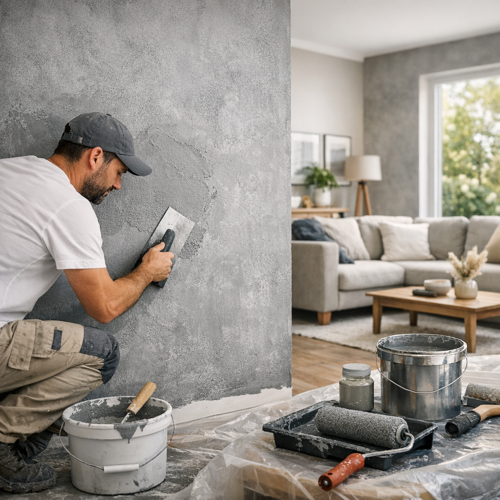 A man in a gray cap applies plaster to a wall in a living room with a couch and coffee table in the background.