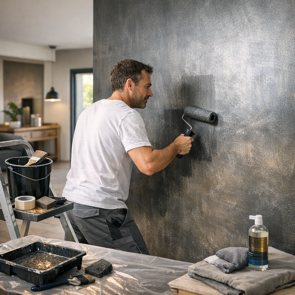 A man in a white t-shirt is painting a dark wall with a roller while standing on a step ladder.