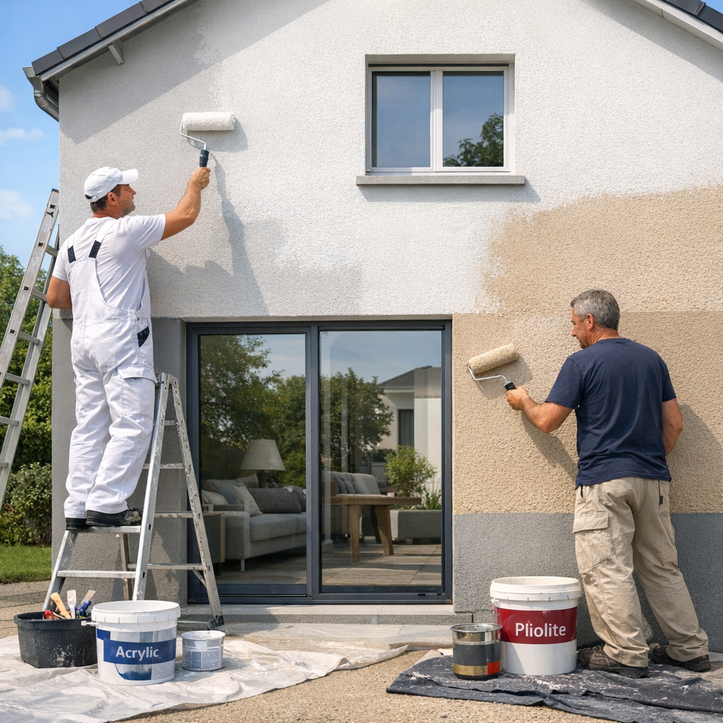 Two men are painting the exterior of a house, one on a ladder applying paint to the upper wall and the other rolling paint on the lower section.