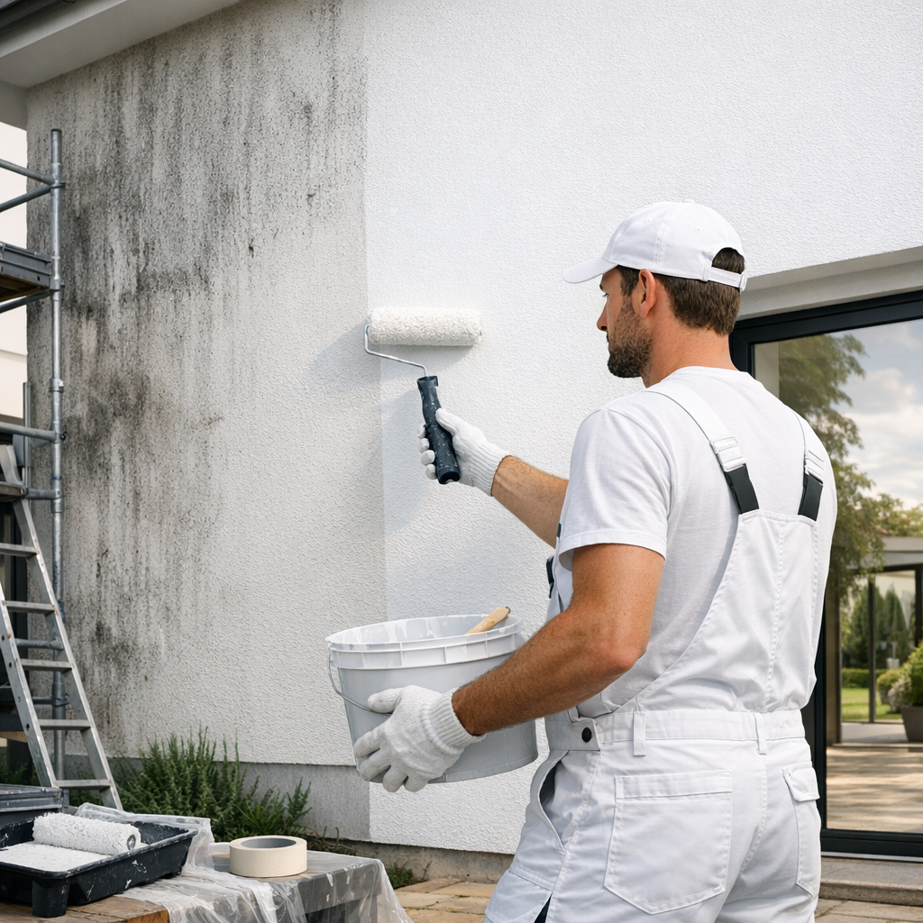 A man in white overalls paints a wall with a roller while holding a paint bucket.