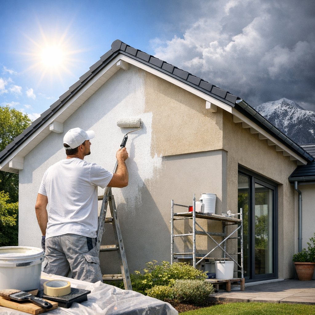 A man is painting the exterior wall of a house with a roller while standing on a ladder, with mountains and a bright sun in the background.