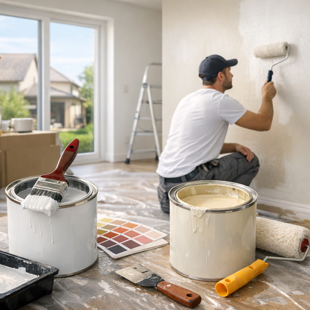 A person paints a wall with a roller while various painting tools and paint cans are on the floor nearby.