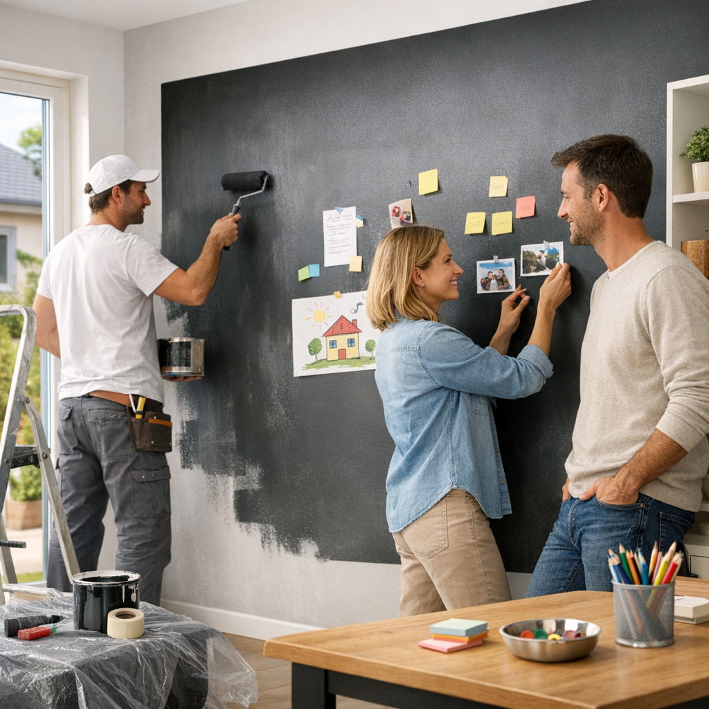 A woman and a man smile at each other while the woman attaches photos to a wall covered in sticky notes, as a man rolls paint on another part of the wall.