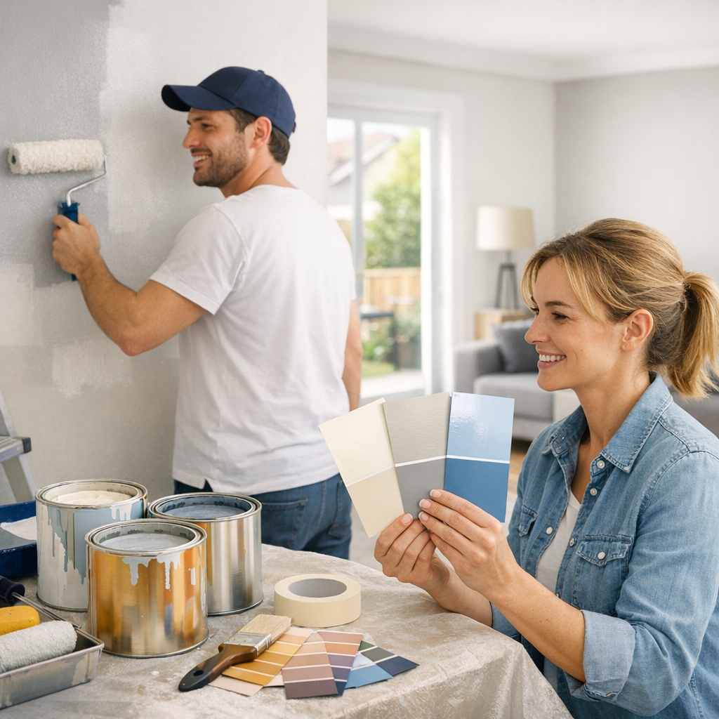 A man rolls paint on a wall while a woman smiles and holds color swatches in a well-lit room.