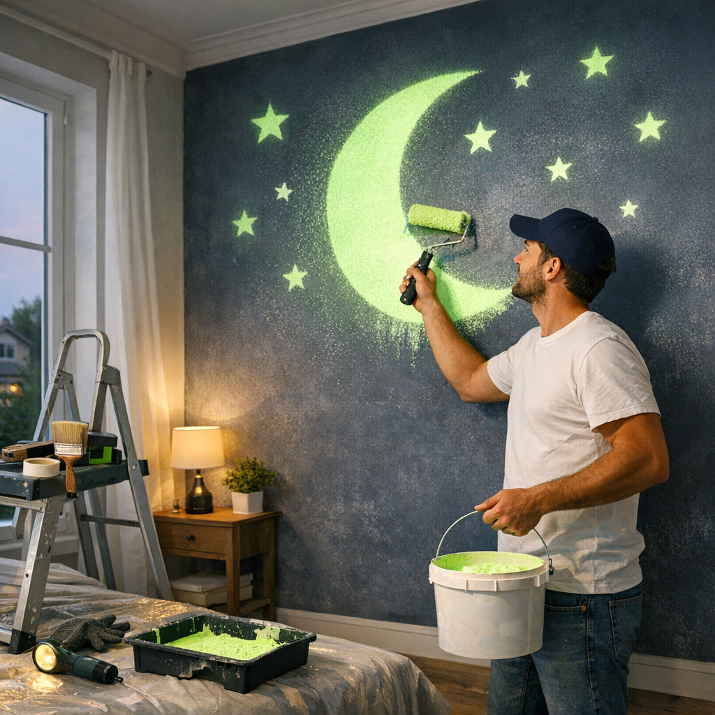 A man is painting a green crescent moon and stars on a dark blue wall while holding a paint roller and a bucket of paint.