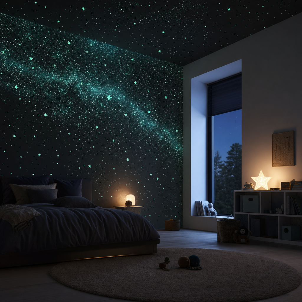 A dimly lit bedroom features a galaxy-themed starry wall and a window with a night scene, illuminated by soft lights and decorative items.