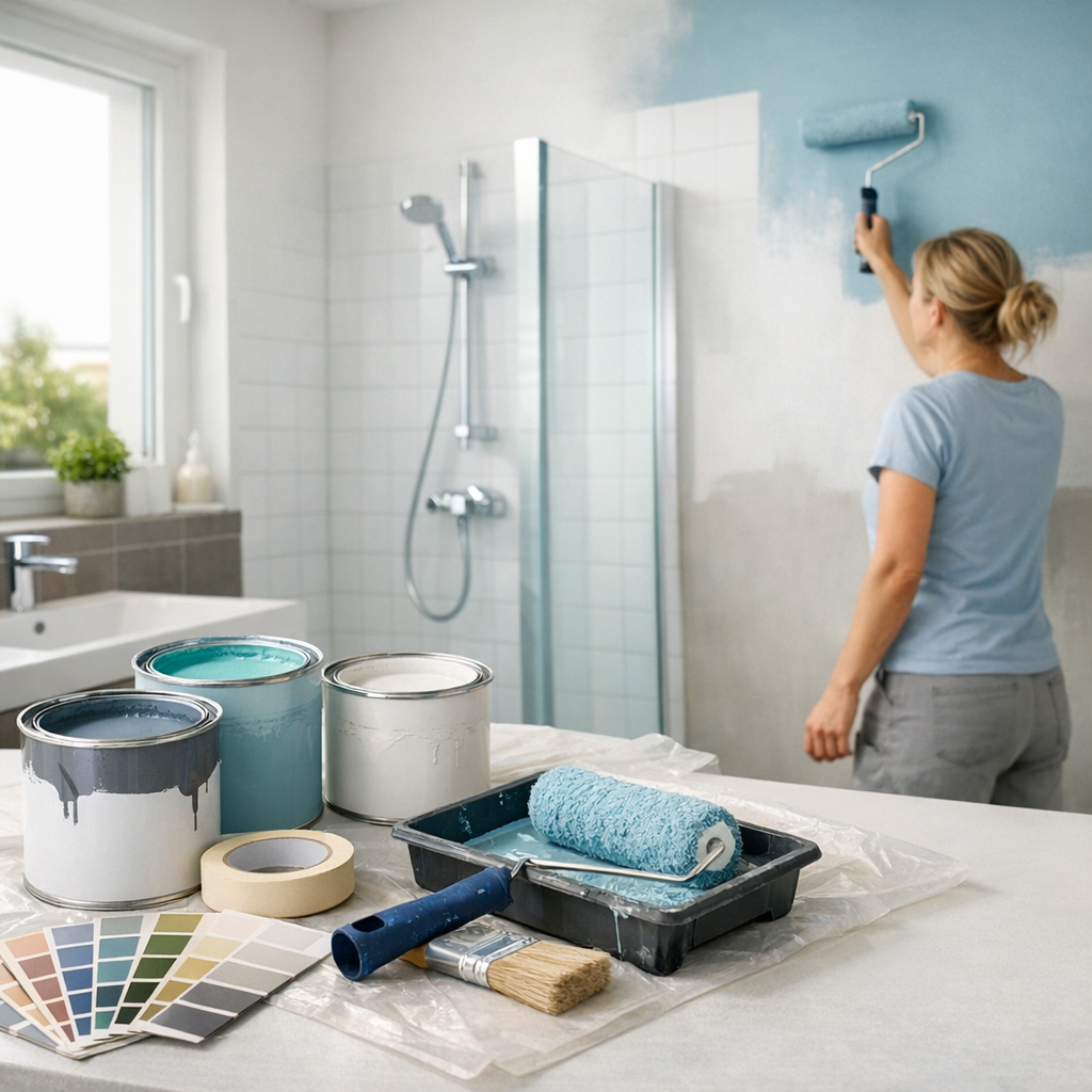 A woman is painting a bathroom wall blue using a roller, with paint cans and supplies visible on a table nearby.