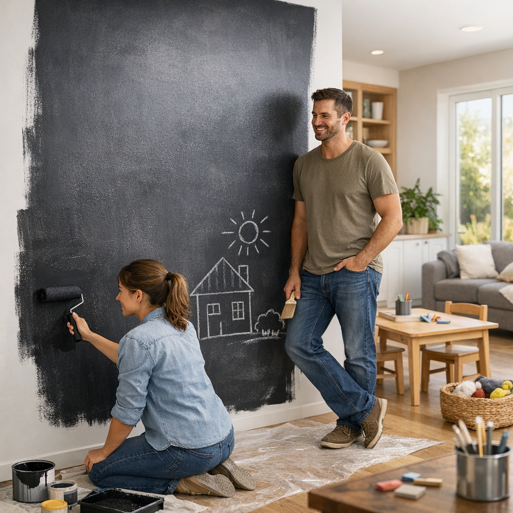 A woman kneels on the floor painting a wall with chalkboard paint while a man stands beside her, smiling.