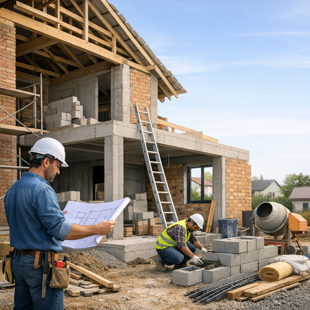 A construction worker in a hard hat examines blueprints while another worker places bricks at a building site.