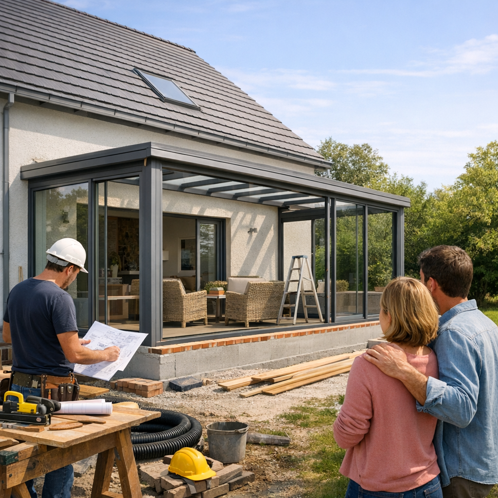 A construction worker examines plans while a couple observes the progress of an outdoor extension on their home.