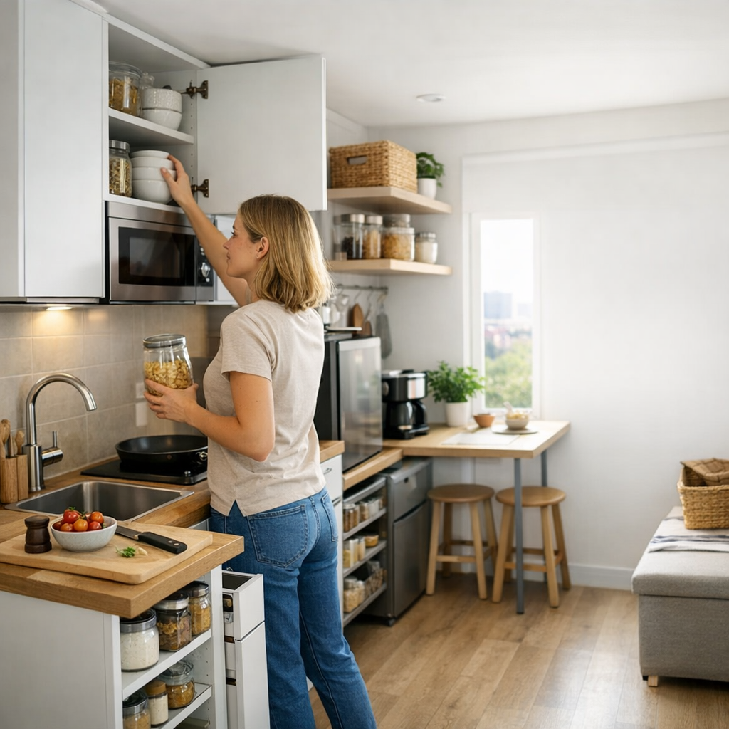 A woman in a light shirt reaches for a container in a kitchen cabinet while holding a jar of nuts.
