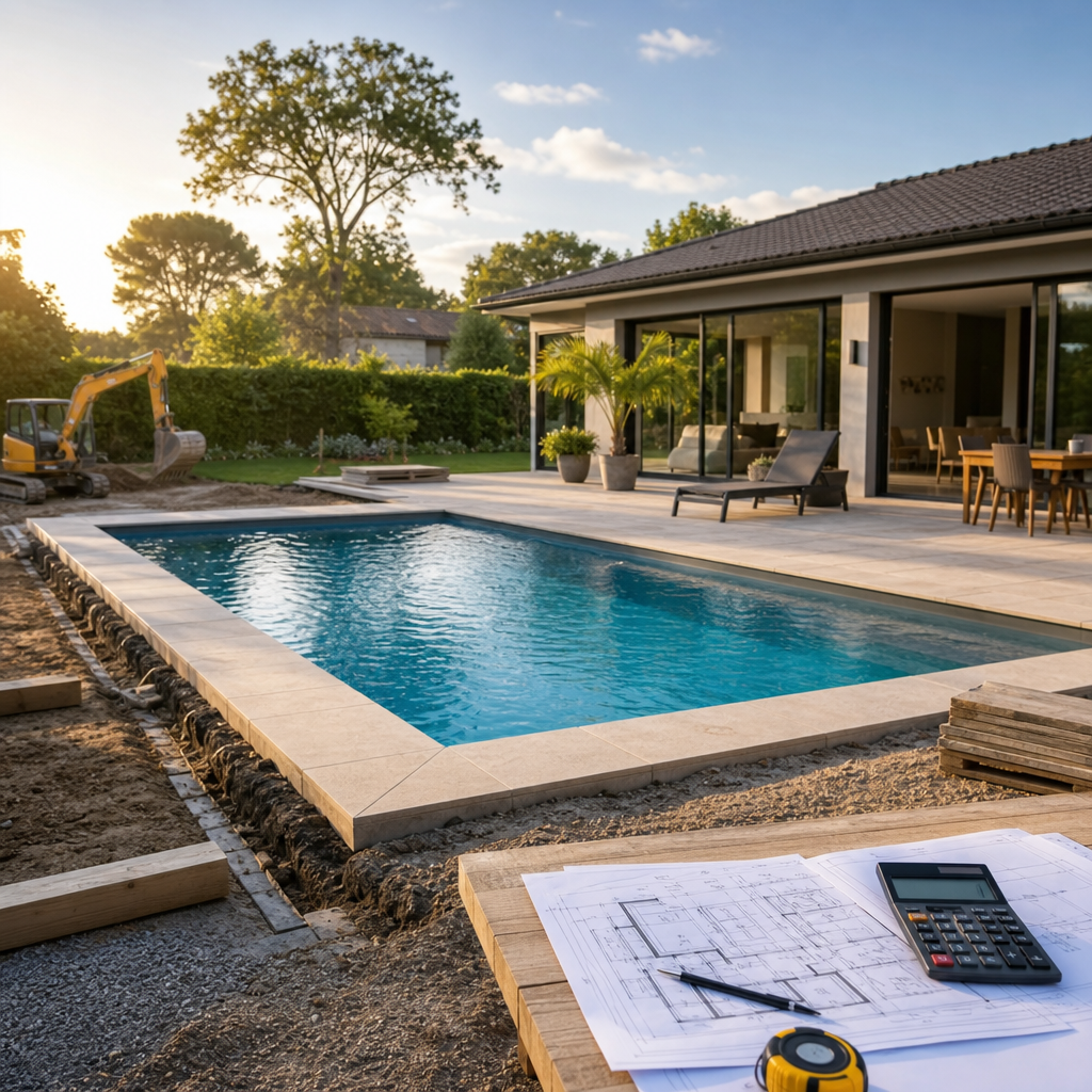 A swimming pool surrounded by construction materials and plans, with a sunny backyard and a house in the background.