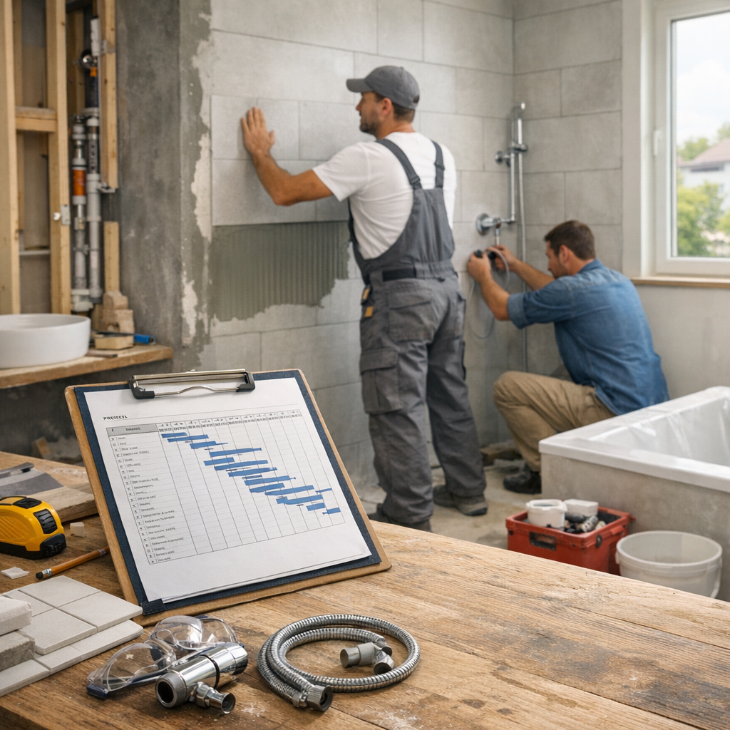 Two workers are installing tiles in a bathroom, while a clipboard with a project timeline and construction materials is in the foreground.