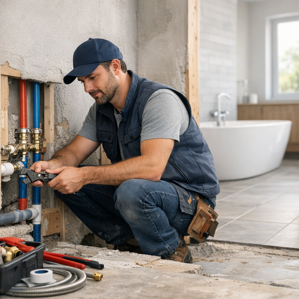 A plumber kneels on the floor, using a tool to work on colorful plumbing pipes in an unfinished bathroom.