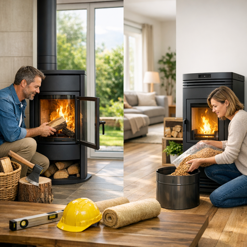A man adds wood to a wood stove while a woman prepares to add materials to another stove in a cozy living space.