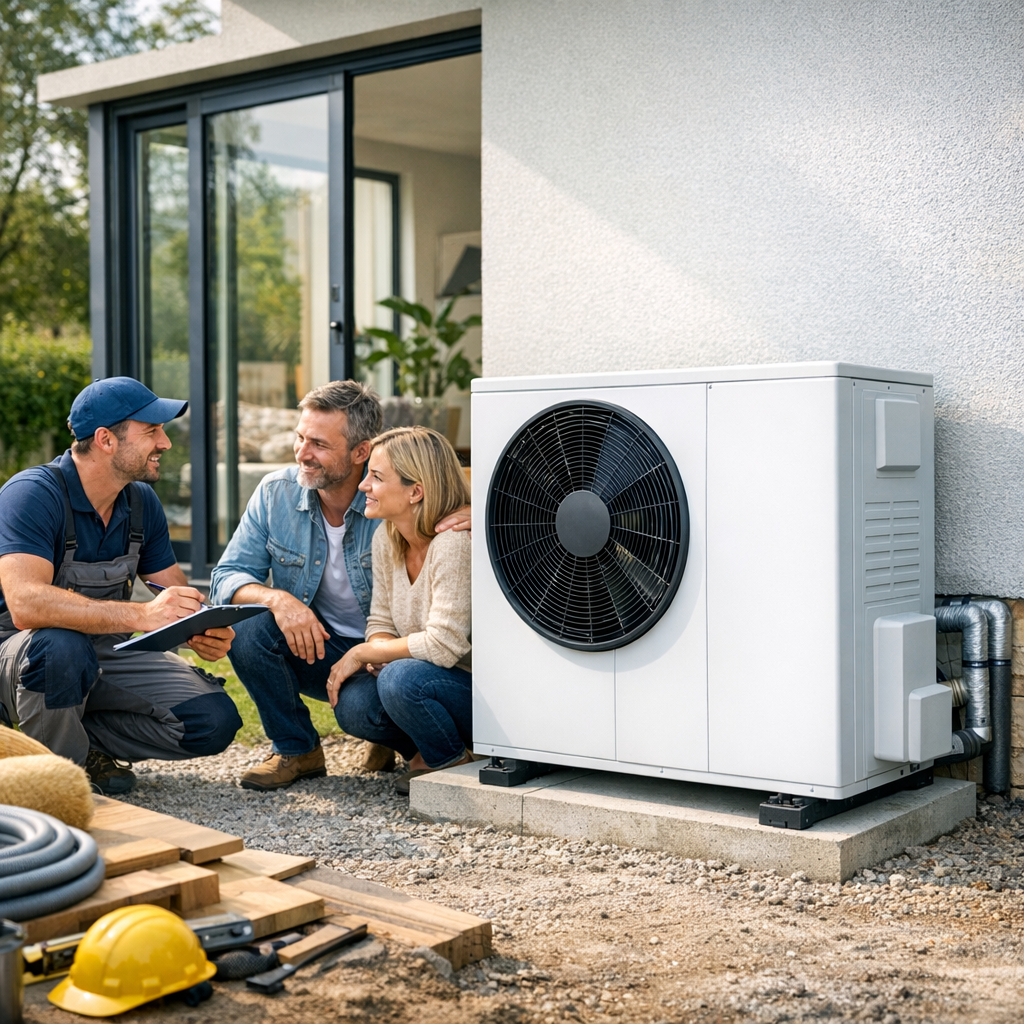 A technician discusses options with a couple beside an air conditioning unit outside their home.