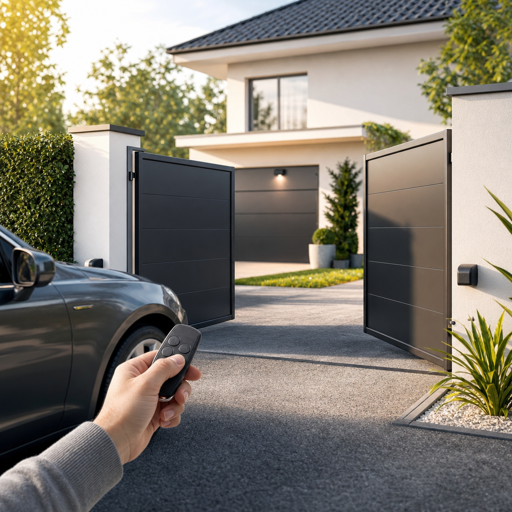 A person holding a remote control stands near a car in front of an open gate leading to a modern house.