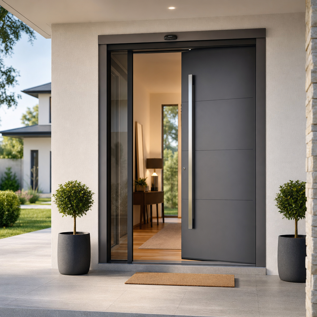 A modern front door opens to a well-lit interior with decorative plants on either side and a welcome mat on the porch.