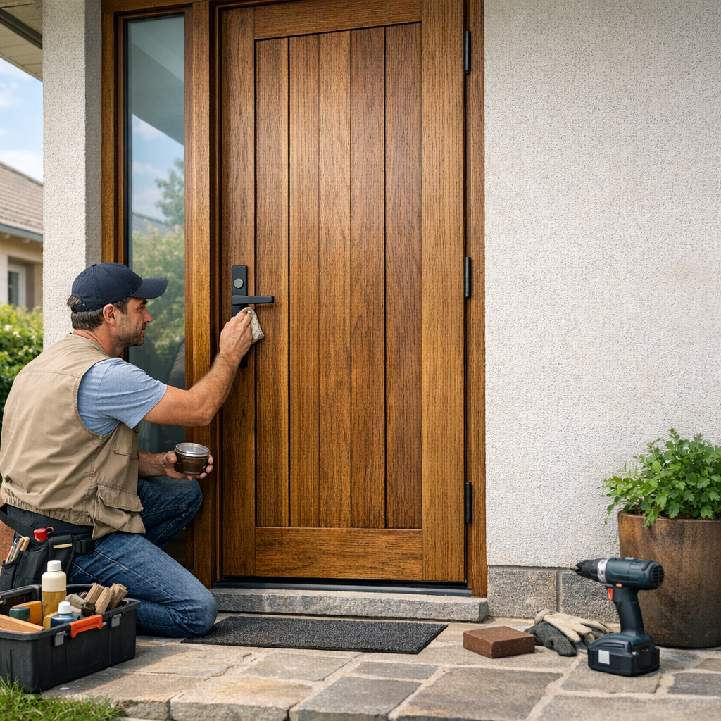 A man kneels in front of a wooden door, cleaning its handle while tools and supplies are nearby.