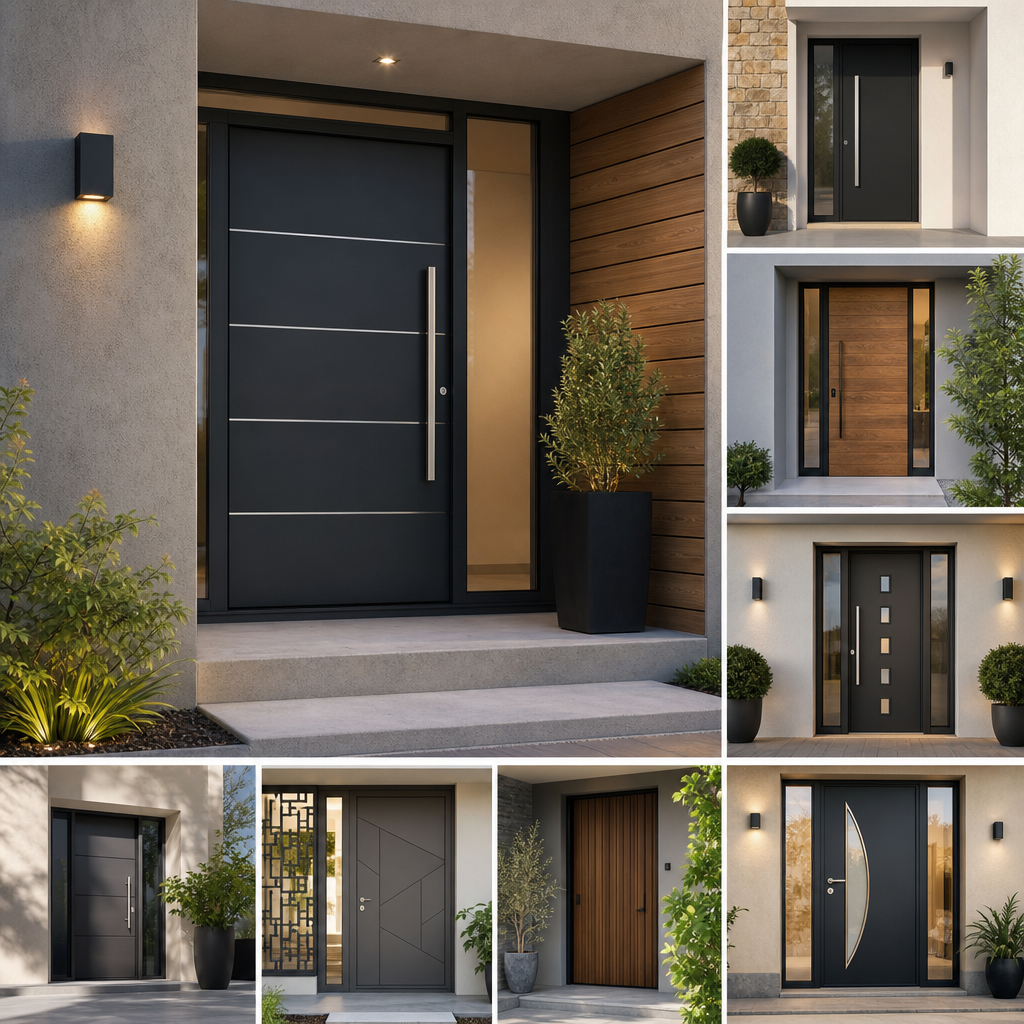 A collage of modern entry doors featuring various designs, materials, and colors, set in contemporary architectural settings.