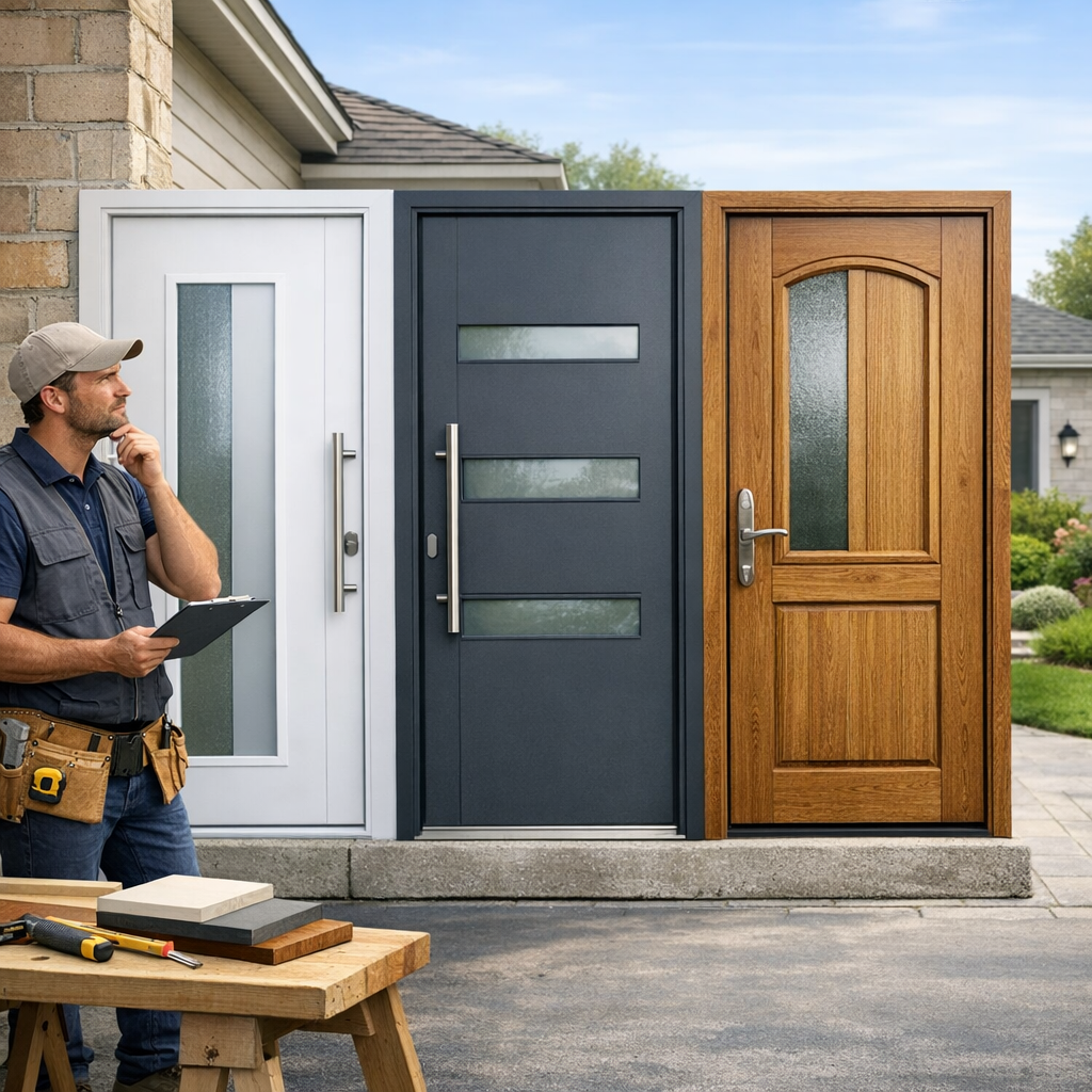 A man in work clothes holds a clipboard and thoughtfully examines three different front doors displayed next to a house.