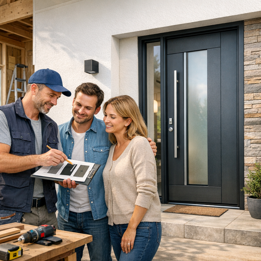 Three people, two men and one woman, are discussing design choices in front of a modern black door and a house, with building tools on a table nearby.