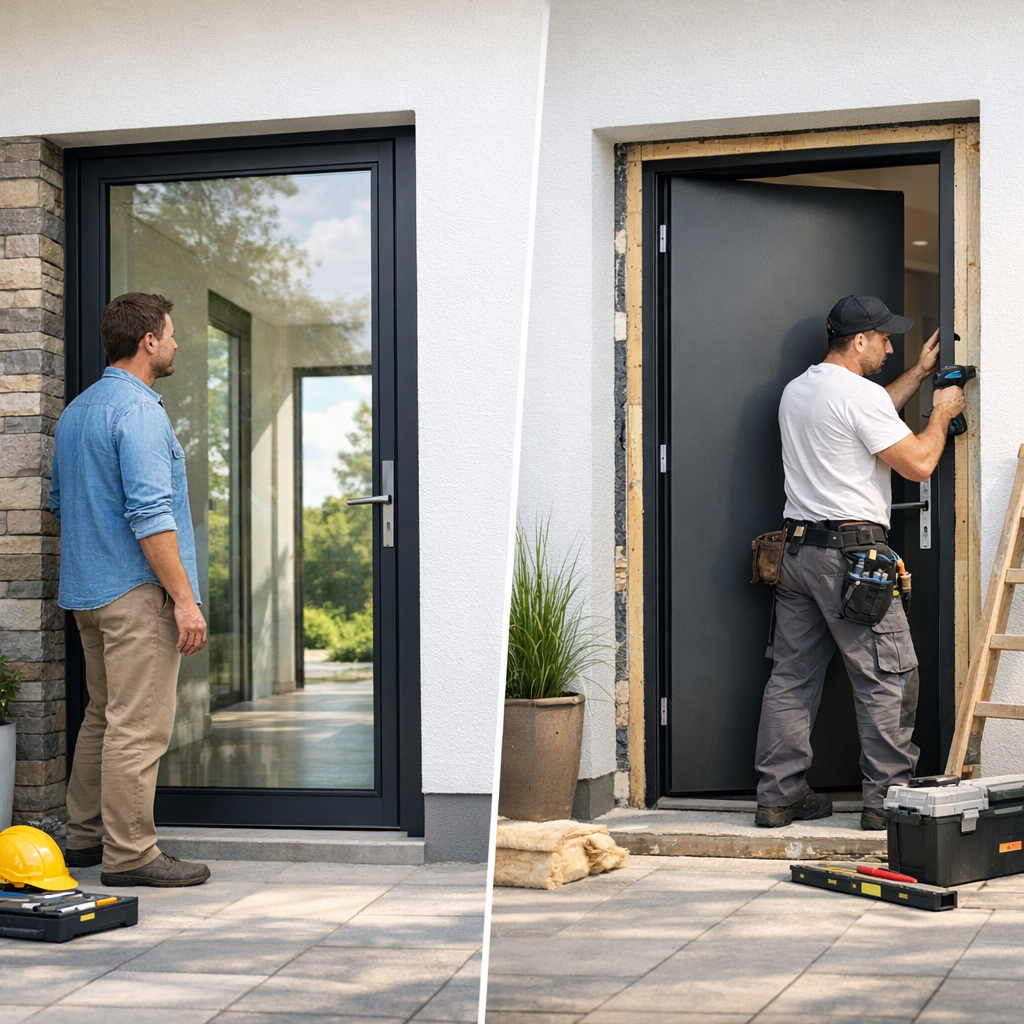A man stands in front of a modern glass door on the left, while on the right, a worker installs a dark door frame with tools in hand.