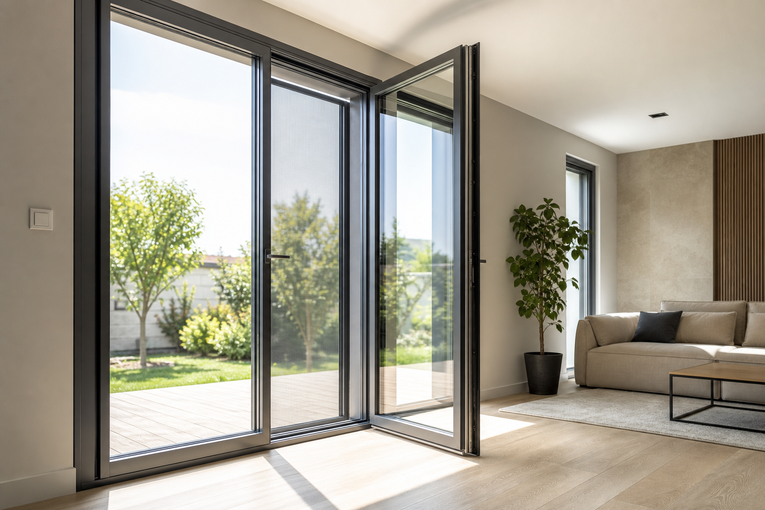 Porte fenetre isolante donnant sur une terrasse lumineuse