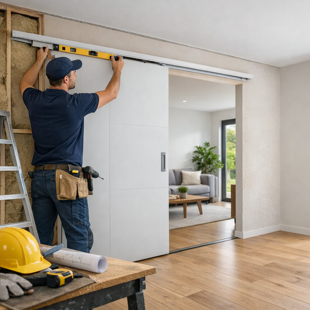 A contractor installs a sliding door track in a home, with tools and plans visible on a workbench nearby.
