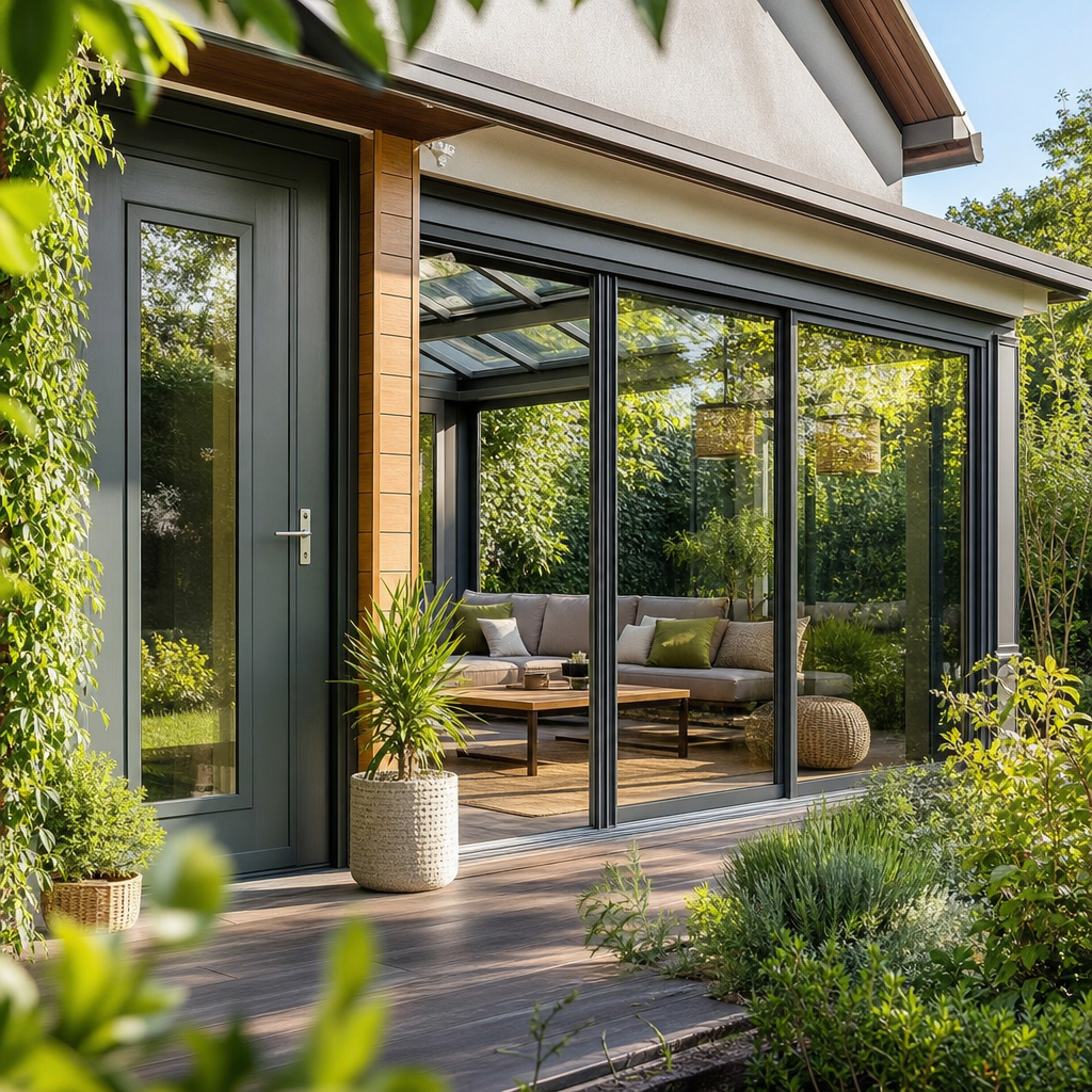 A modern glass-enclosed patio features a wooden table, comfortable seating, and potted plants, surrounded by greenery.