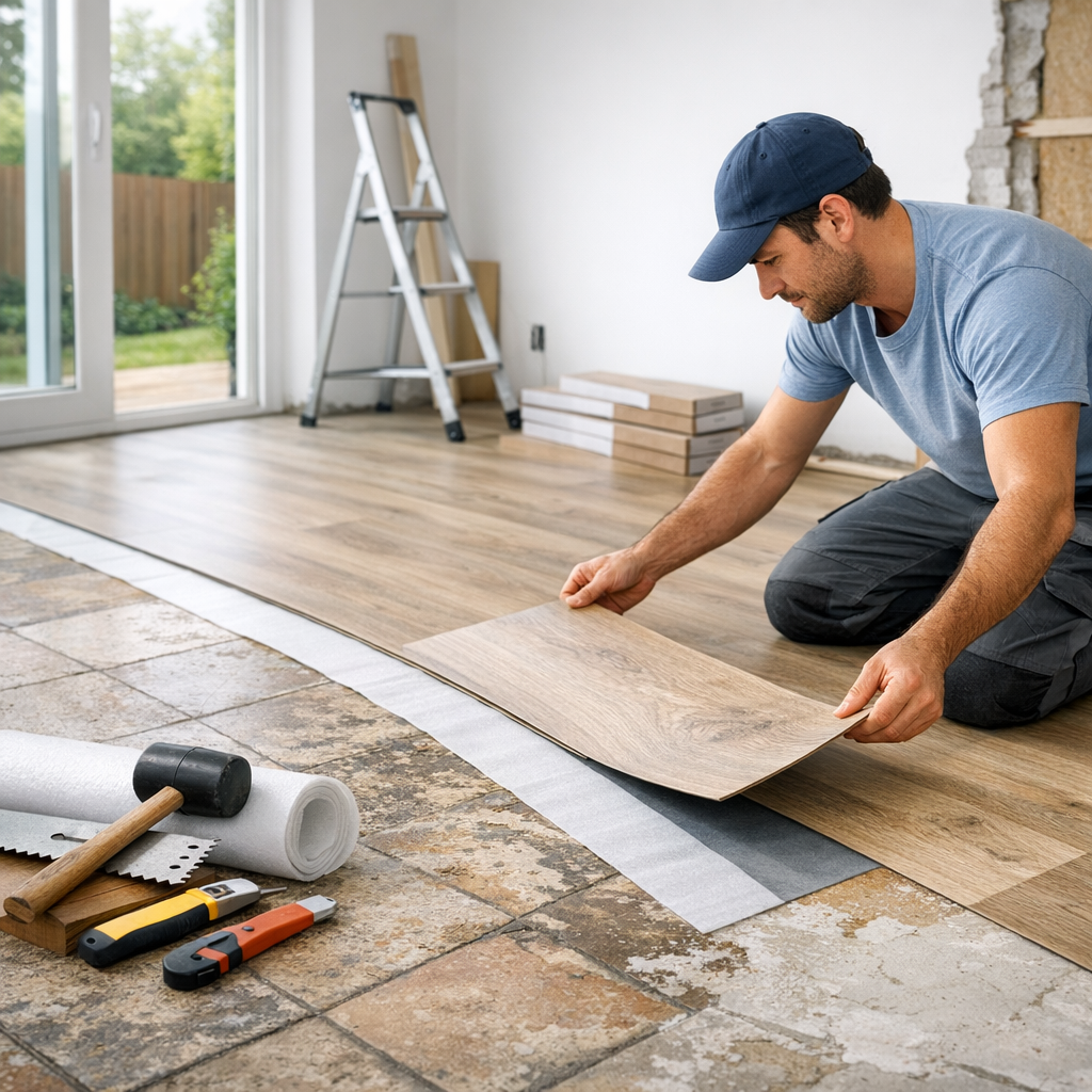 A man is installing laminated flooring in a room, placing a panel over an underlayment while tools and materials are visible nearby.