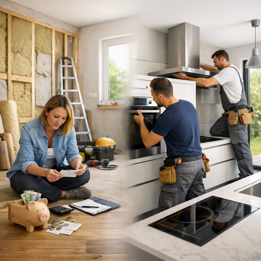 A woman sits on the floor reviewing financial documents next to a piggy bank and a man installs an oven in a modern kitchen.