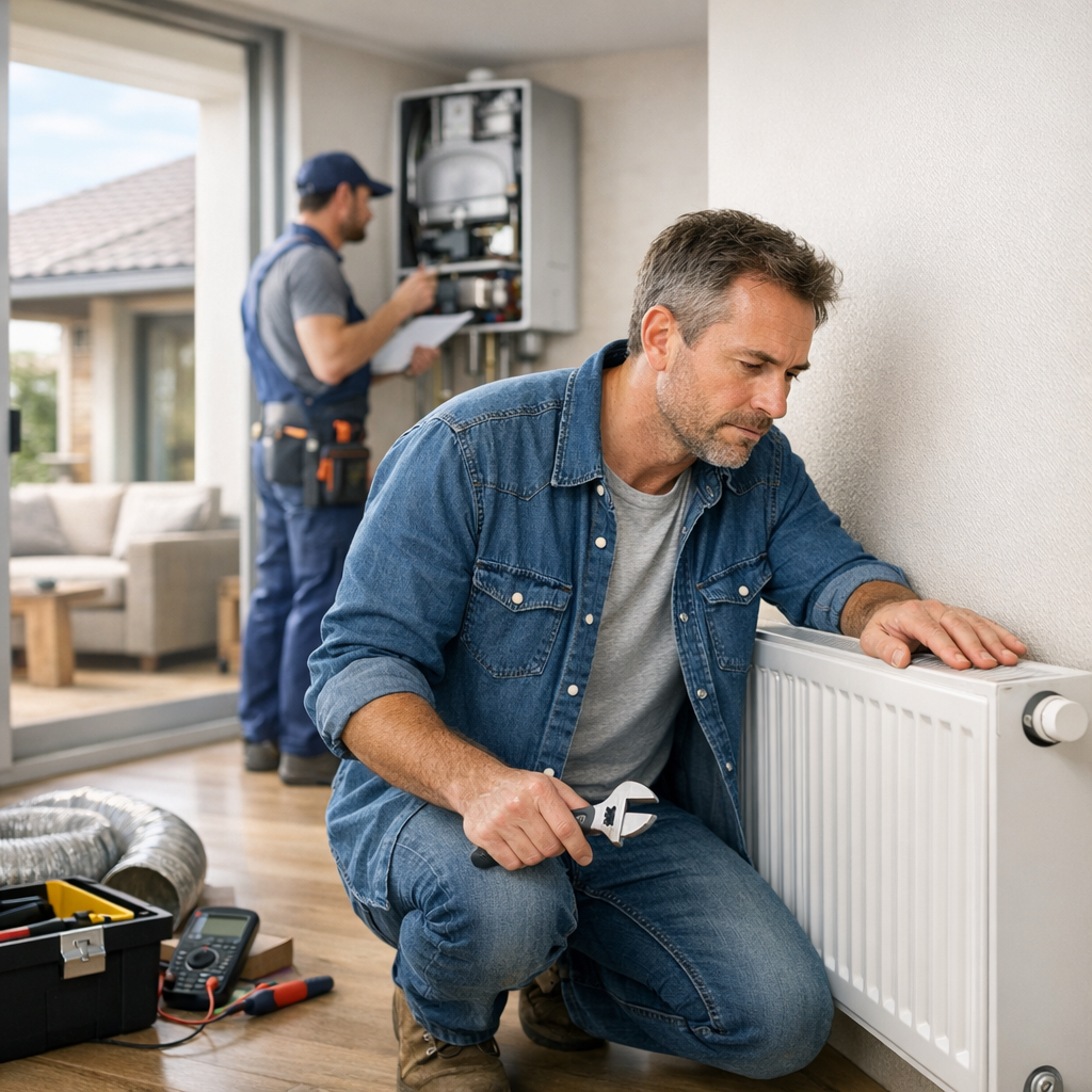 A man kneels beside a radiator, holding a wrench, while a second technician works on a boiler in the background.