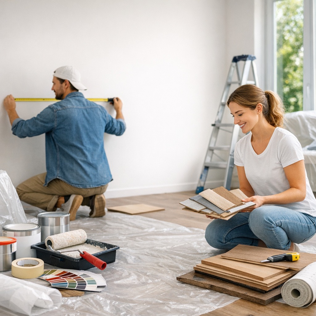 A man measures a wall while a woman sits on the floor, reviewing samples of flooring and paint in a renovated room.