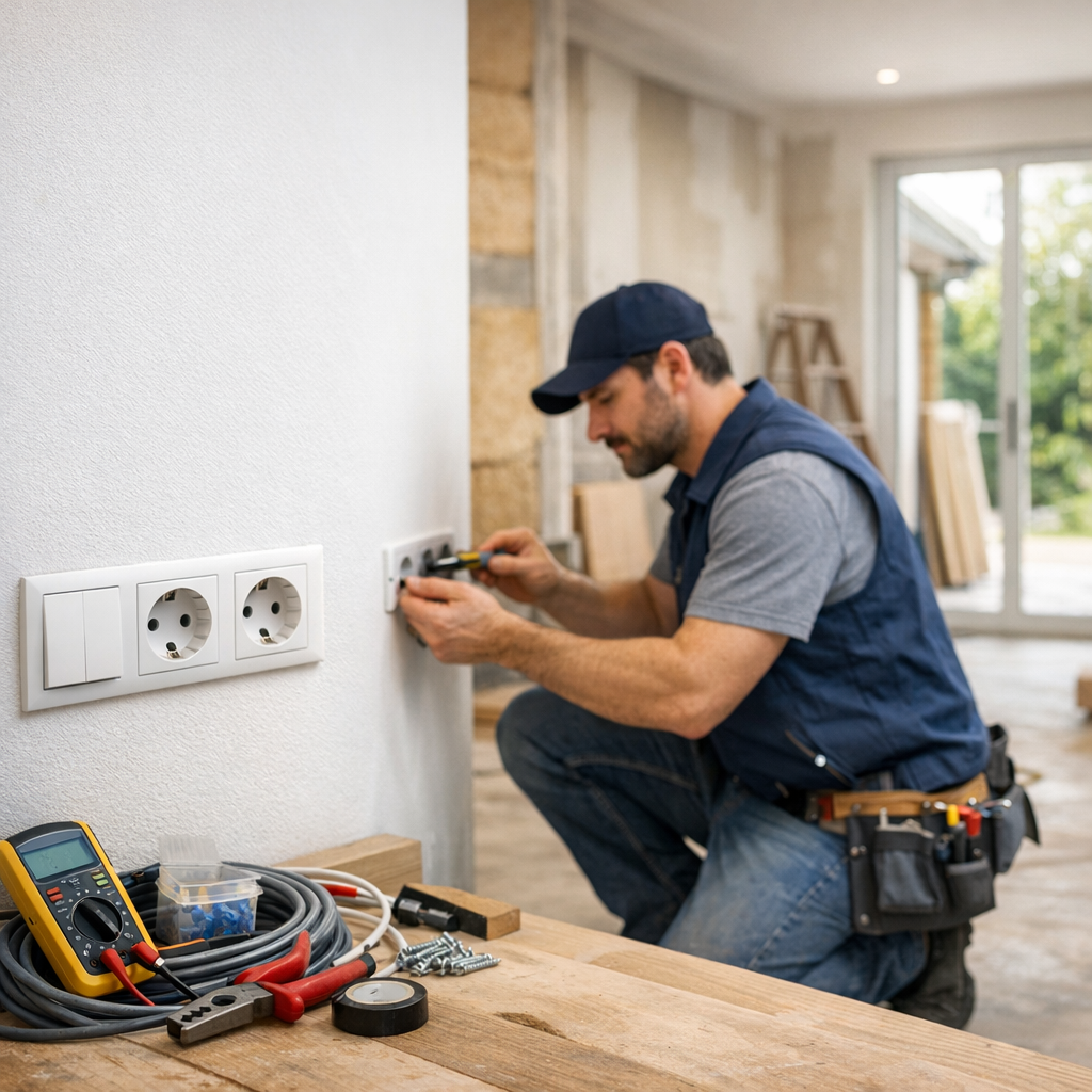 A man in a blue vest kneels while installing an electrical outlet on a wall, surrounded by tools and materials on a wooden work surface.