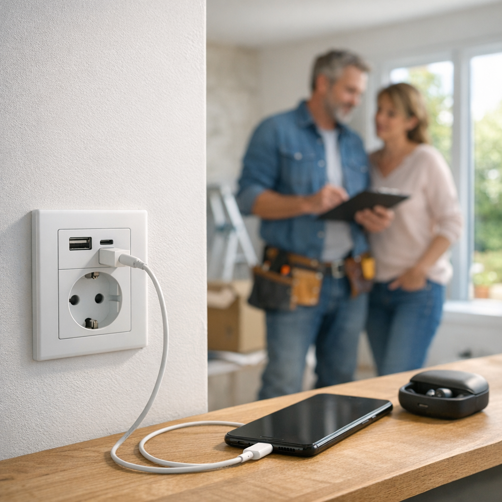 A smartphone and earphones are charging on a wooden surface next to a wall socket with USB ports, while a couple discusses plans in the background.