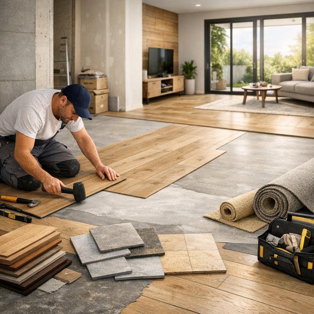 A man installs wooden floor planks in a modern living room surrounded by various flooring materials.