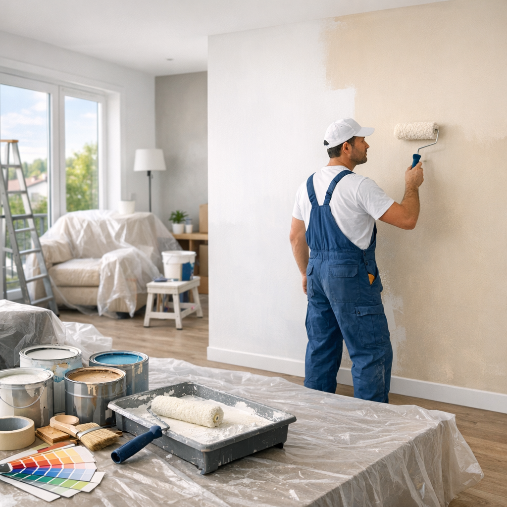 A painter in blue overalls is painting a wall with a roller in a partially furnished room with paint cans and supplies on a covered floor.