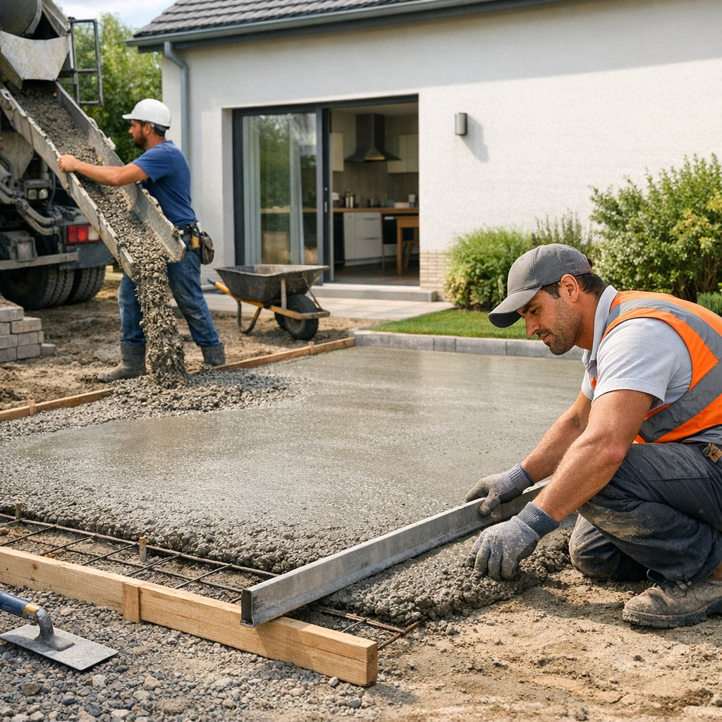 Two construction workers are pouring and smoothing concrete for a slab in a residential area.