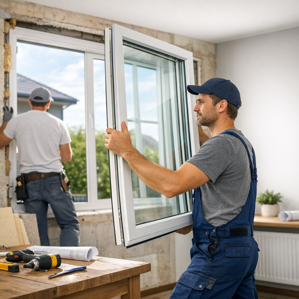 A worker is installing a window while another worker prepares the wall in a renovated room.